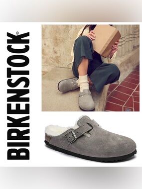 NWT Birkenstock Shearling Boston Suede Leather Clog in Stone Coin (Gray/White)